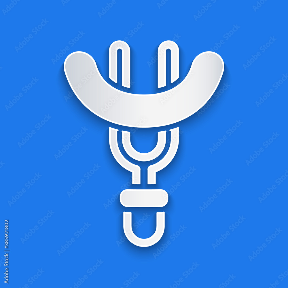 Paper cut Sausage on the fork icon isolated on blue background. Grilled sausage and aroma sign. Pape