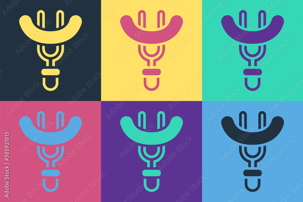 Pop art Sausage on the fork icon isolated on color background. Grilled sausage and aroma sign. Vecto