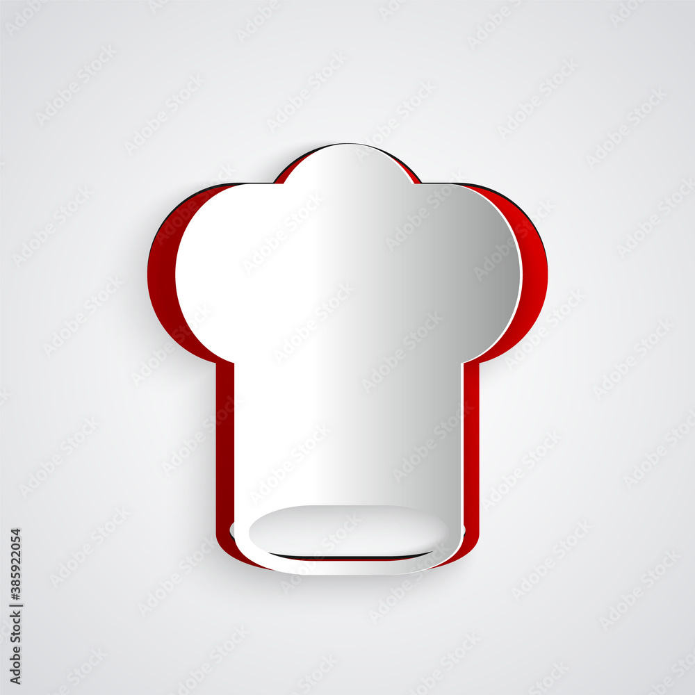 Paper cut Chef hat icon isolated on grey background. Cooking symbol. Cooks hat. Paper art style. Vec