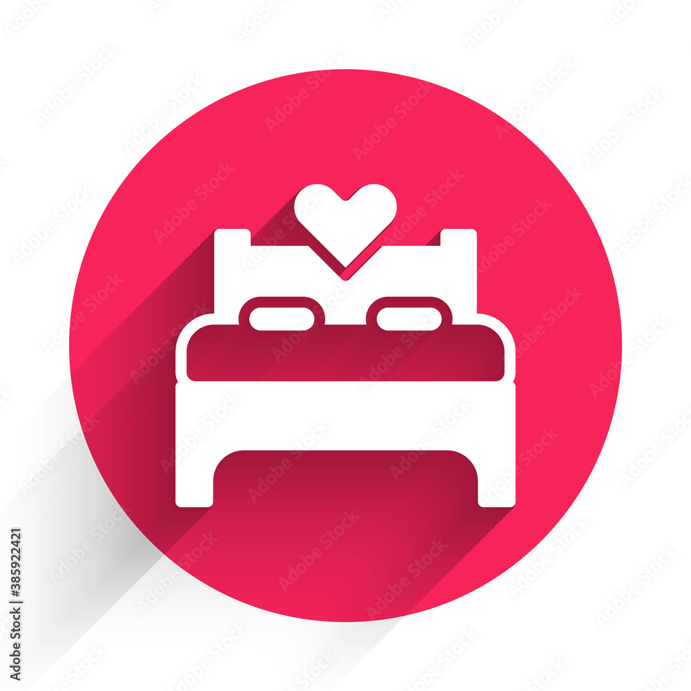 White Bedroom icon isolated with long shadow. Wedding, love, marriage symbol. Bedroom creative icon 