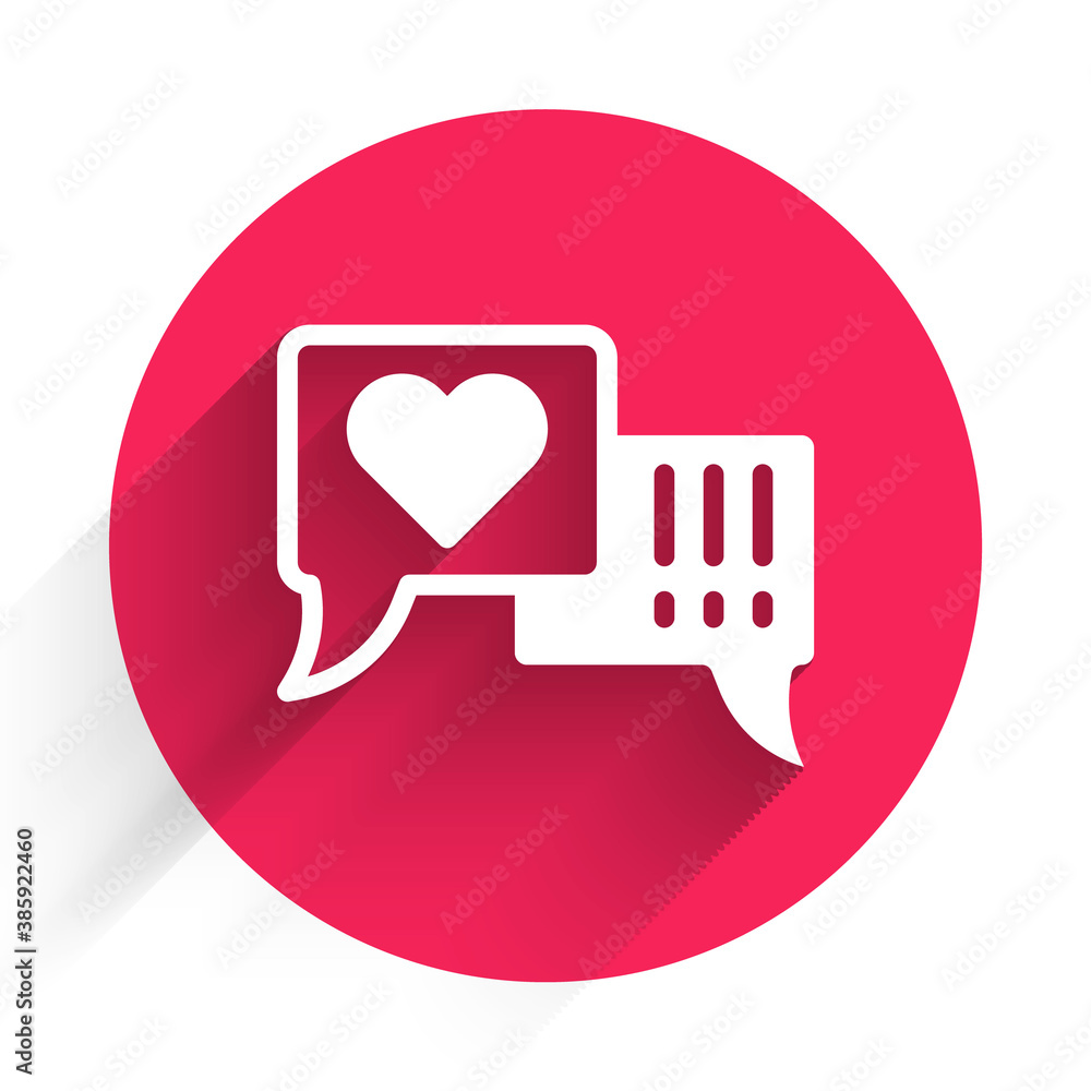 White Heart in speech bubble icon isolated with long shadow. Red circle button. Vector.