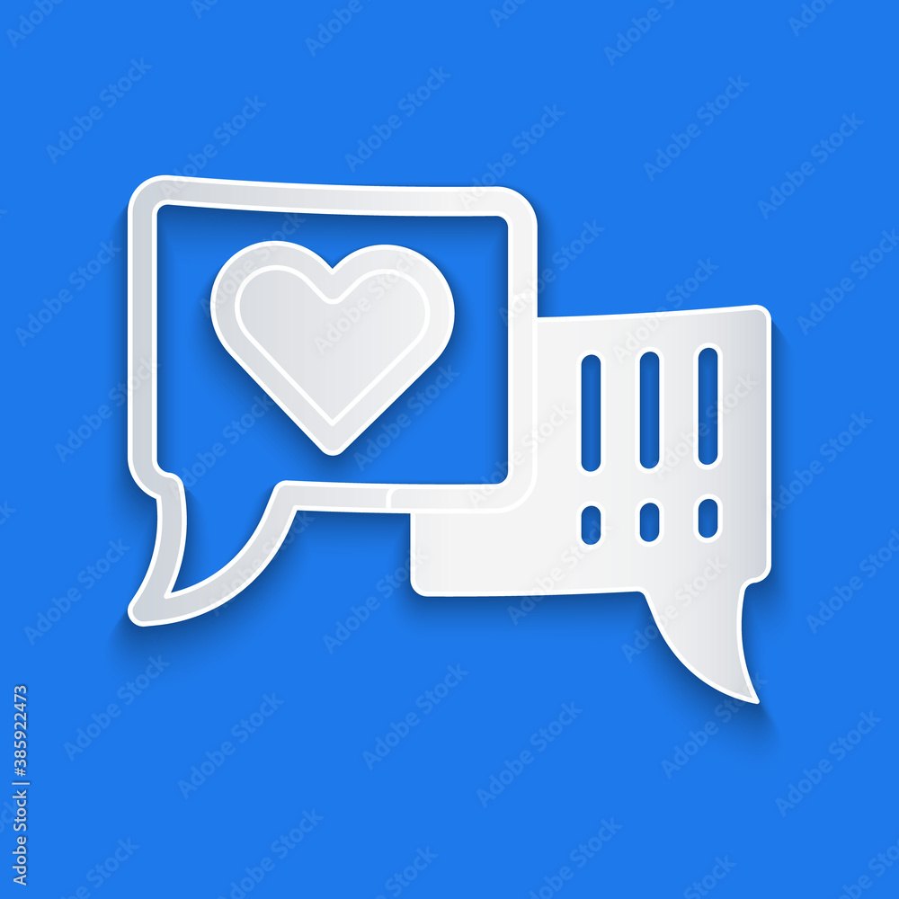 Paper cut Heart in speech bubble icon isolated on blue background. Paper art style. Vector.