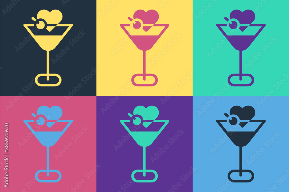 Pop art Martini glass icon isolated on color background. Cocktail icon. Wine glass icon. Vector.