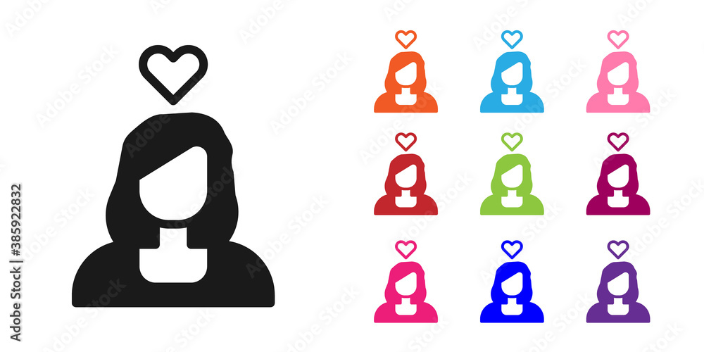 Black Romantic girl icon isolated on white background. Happy Valentines Day. Set icons colorful. Vec