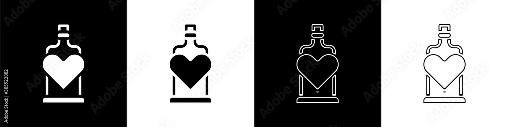 Set Bottle with love potion icon isolated on black and white background. Valentines day symbol. Vect