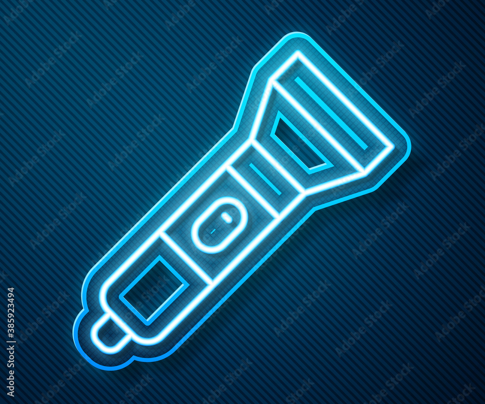 Glowing neon line Flashlight icon isolated on blue background. Vector.