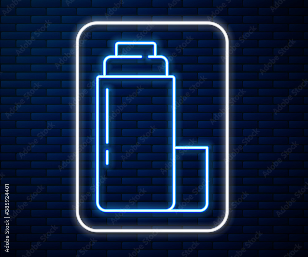 Glowing neon line Thermos container icon isolated on brick wall background. Thermo flask icon. Campi