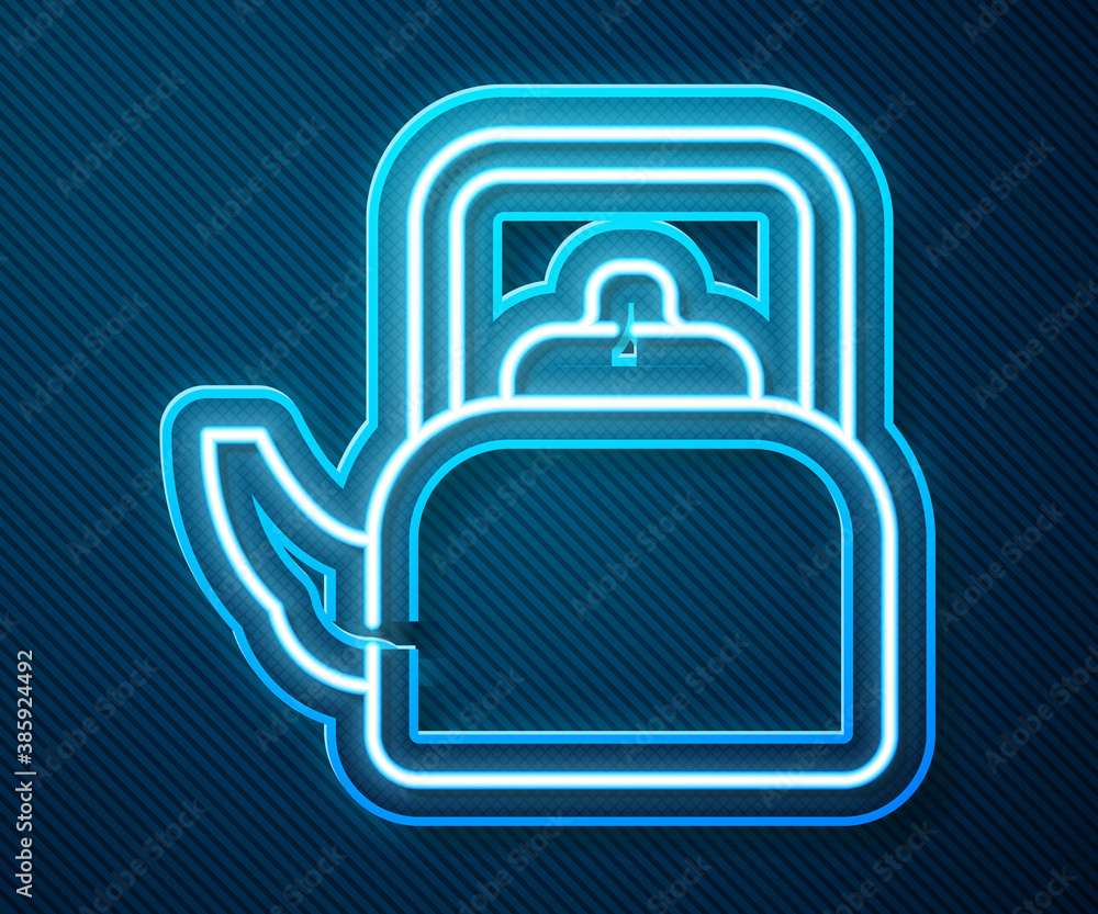 Glowing neon line Kettle with handle icon isolated on blue background. Teapot icon. Vector.