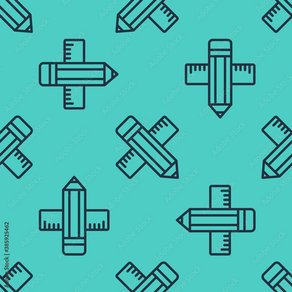 Black line Crossed ruler and pencil icon isolated seamless pattern on green background. Straightedge