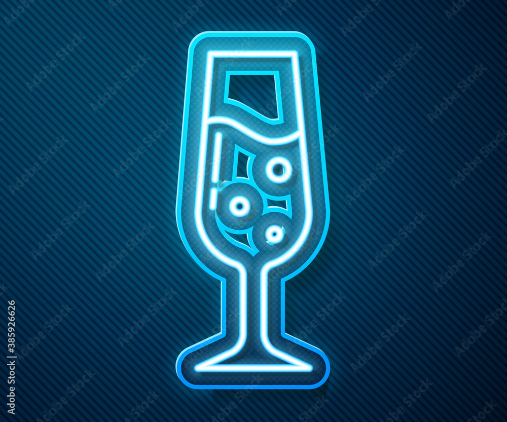 Glowing neon line Glass of champagne icon isolated on blue background. Vector.