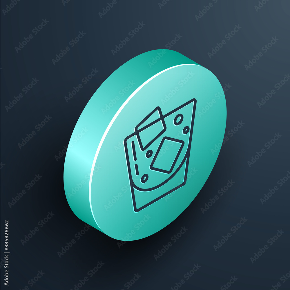 Isometric line Glass of whiskey and ice cubes icon isolated on black background. Turquoise circle bu