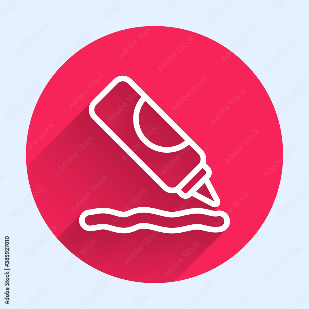 White line Ketchup bottle icon isolated with long shadow. Barbecue and BBQ grill symbol. Red circle 