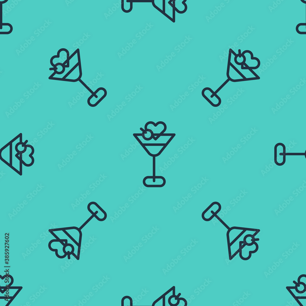 Black line Martini glass icon isolated seamless pattern on green background. Cocktail icon. Wine gla