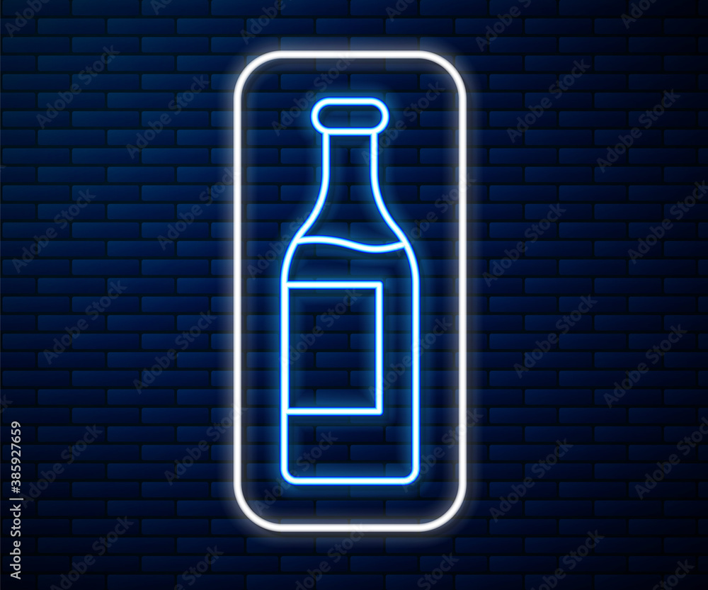 Glowing neon line Wine bottle icon isolated on brick wall background. Vector.