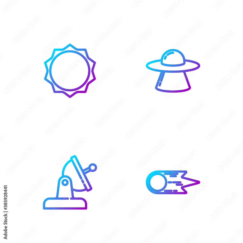 Set line Comet falling down fast, Satellite dish, Sun and UFO flying spaceship. Gradient color icons