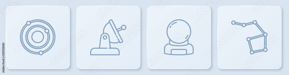 Set line Solar system, Astronaut helmet, Satellite dish and Great Bear constellation. White square b