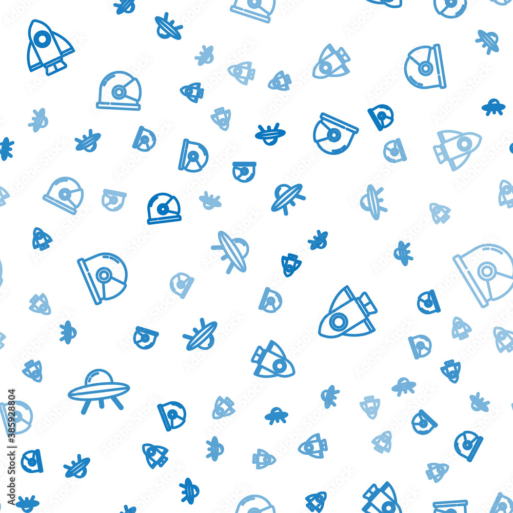 Set line UFO flying spaceship, Rocket and Astronaut helmet on seamless pattern. Vector.