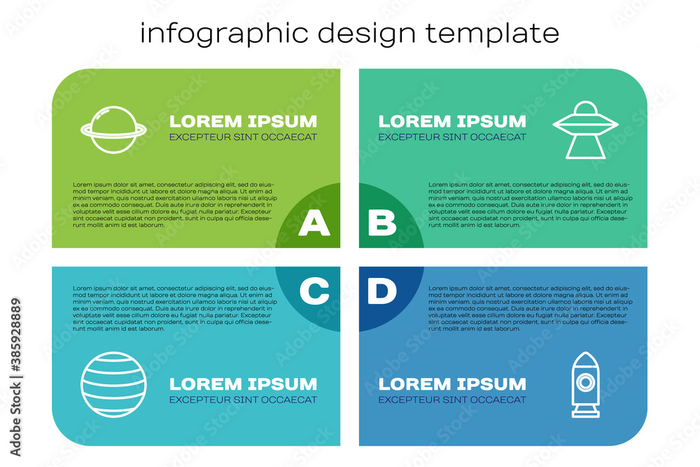 Set line Planet Venus, Saturn, Rocket ship and UFO flying spaceship. Business infographic template. 