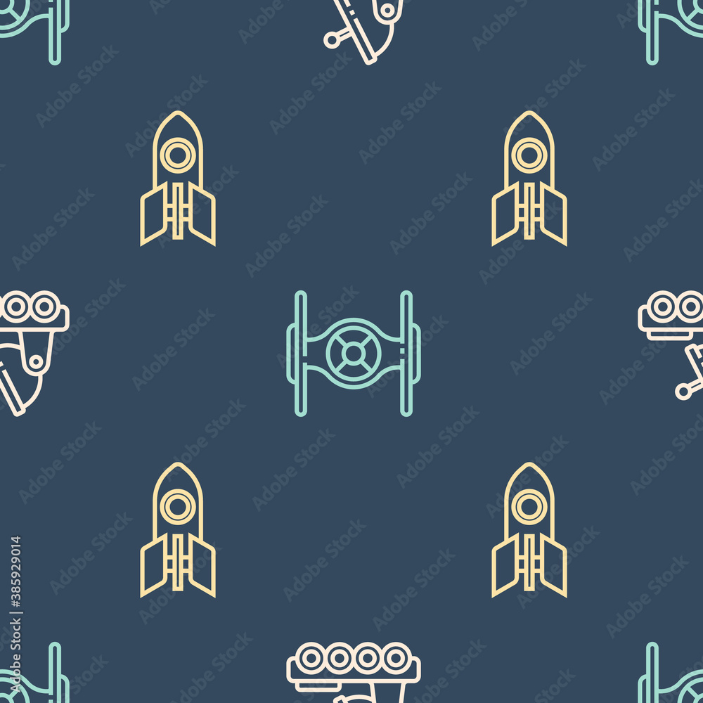 Set line Mars rover, Rocket ship and Cosmic on seamless pattern. Vector.