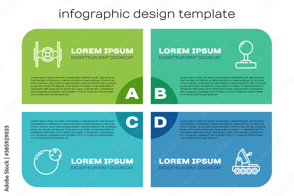 设定行星、宇宙飞船、火星车和操纵杆。商业信息图模板。矢量。