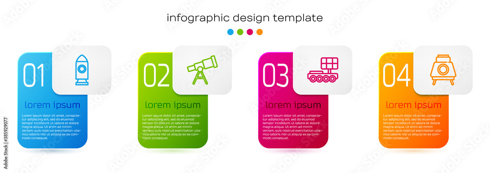 Set line Rocket ship, Telescope, Mars rover and . Business infographic template. Vector.