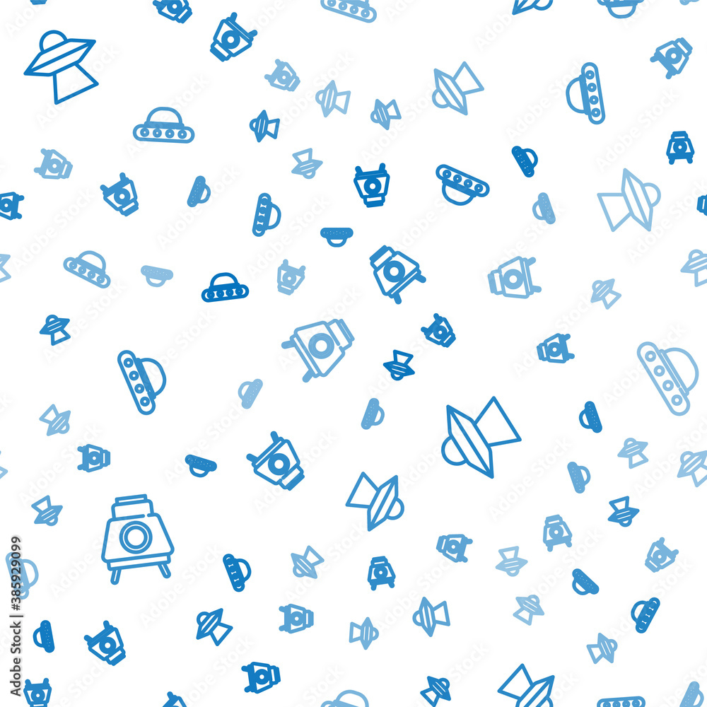 Set line Mars rover, UFO flying spaceship and on seamless pattern. Vector.