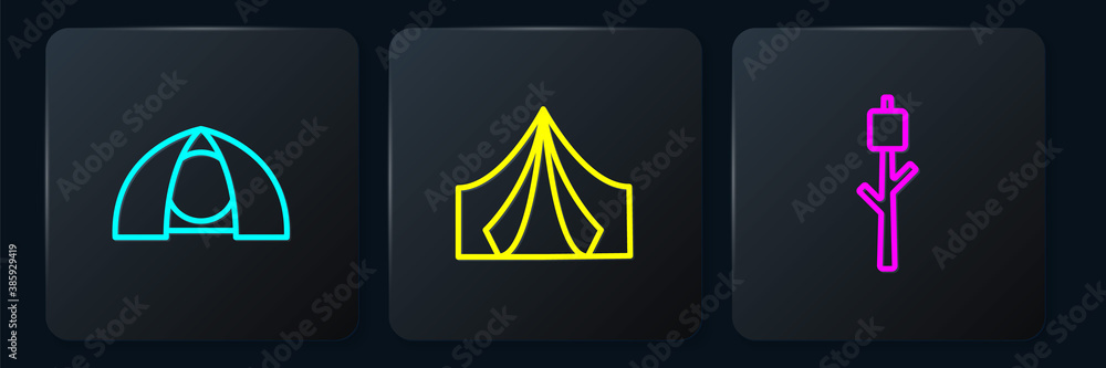 Set line Tourist tent, Marshmallow on stick and . Black square button. Vector.