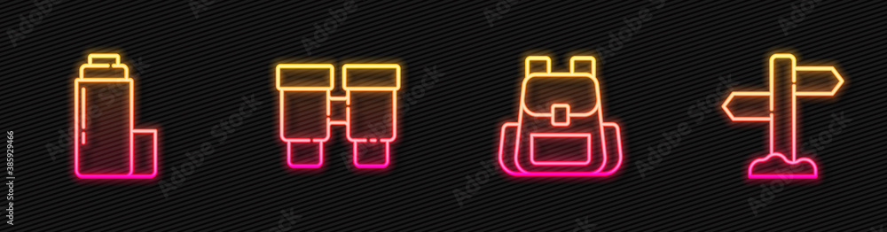 Set line Hiking backpack, Thermos container, Binoculars and Road traffic signpost. Glowing neon icon