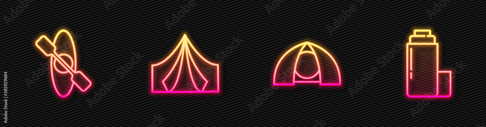 Set line Tourist tent, Kayak or canoe, and Thermos container. Glowing neon icon. Vector.