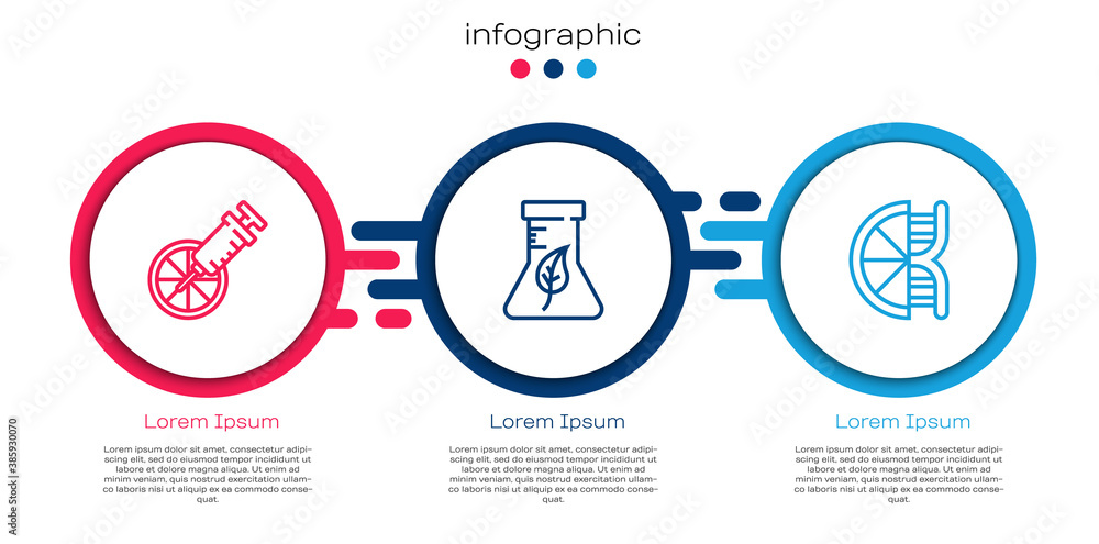 Set line Genetically modified orange, Test tube and flask and . Business infographic template. Vecto