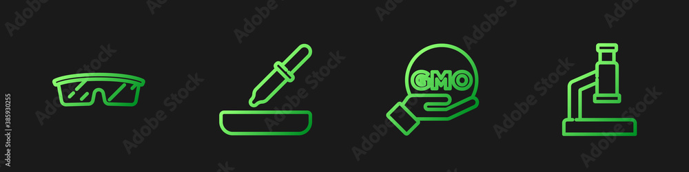 Set line GMO, Laboratory glasses, Pipette and Microscope. Gradient color icons. Vector.