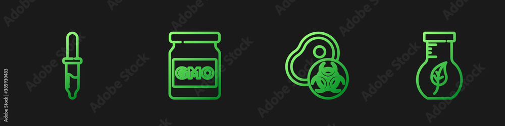 Set line Genetically modified meat, Pipette, GMO and Test tube and flask. Gradient color icons. Vect