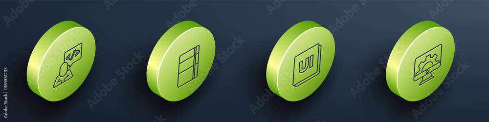 Set Isometric line Front end development, Sketchbook or album, UI UX design and Web icon. Vector.