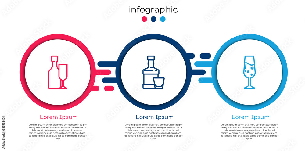 带玻璃杯、威士忌和香槟的套装酒瓶。商业信息图模板。