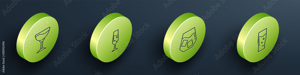 Set Isometric line Wine glass, Glass of champagne, whiskey and beer icon. Vector.