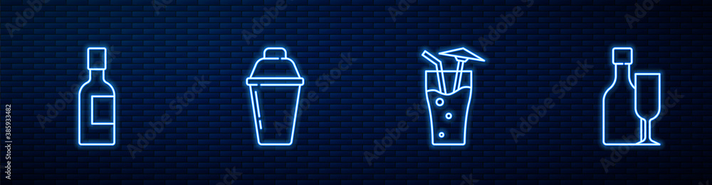 Set line Cocktail, Champagne bottle, shaker and Wine with glass. Glowing neon icon on brick wall. Ve