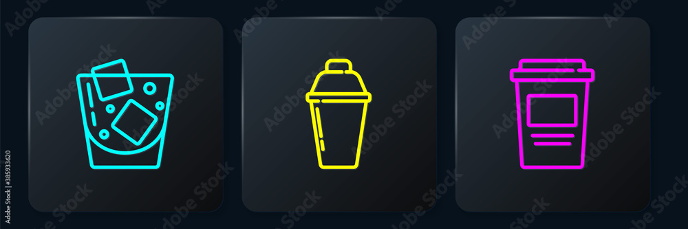 Set line Glass of whiskey, Coffee cup to go and Cocktail shaker. Black square button. Vector.