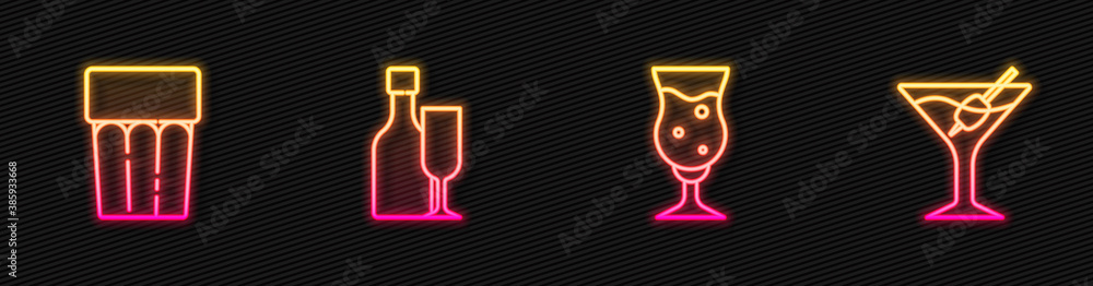 Set line Glass of beer, with water, Wine bottle glass and Martini. Glowing neon icon. Vector.