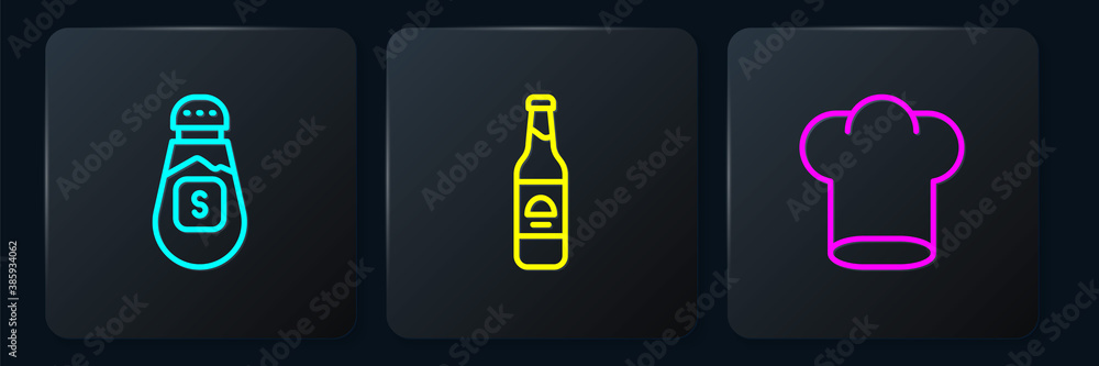 Set line Salt, Chef hat and Beer bottle. Black square button. Vector.