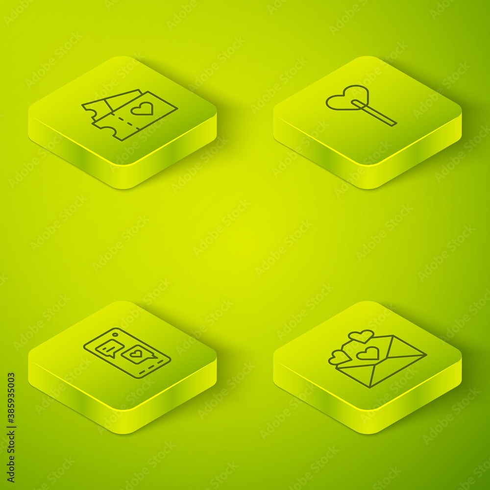 Set Isometric line Lollipop, Mobile with heart, Envelope Valentine and Love ticket icon. Vector.