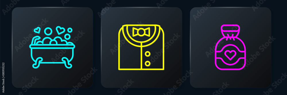 Set line Romantic in bathroom, Chocolate candy and Suit. Black square button. Vector.