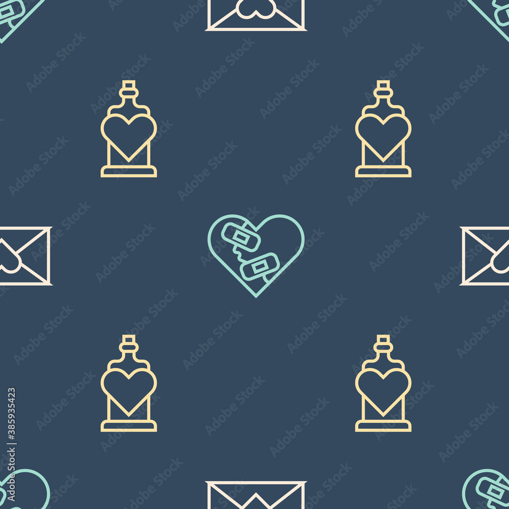 Set line Envelope with Valentine heart, Bottle love potion and Healed broken on seamless pattern. Ve