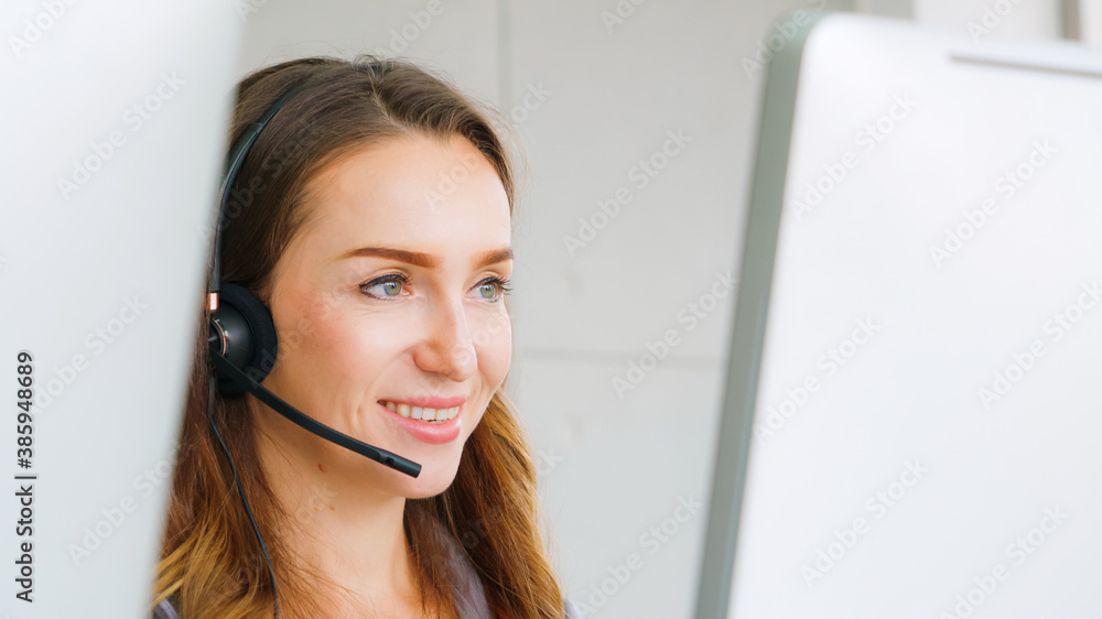 Business people wearing headset working in office to support remote customer or colleague. Call cent