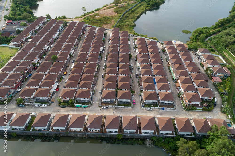 Aerial view of roof modern houses village top view image from drone.