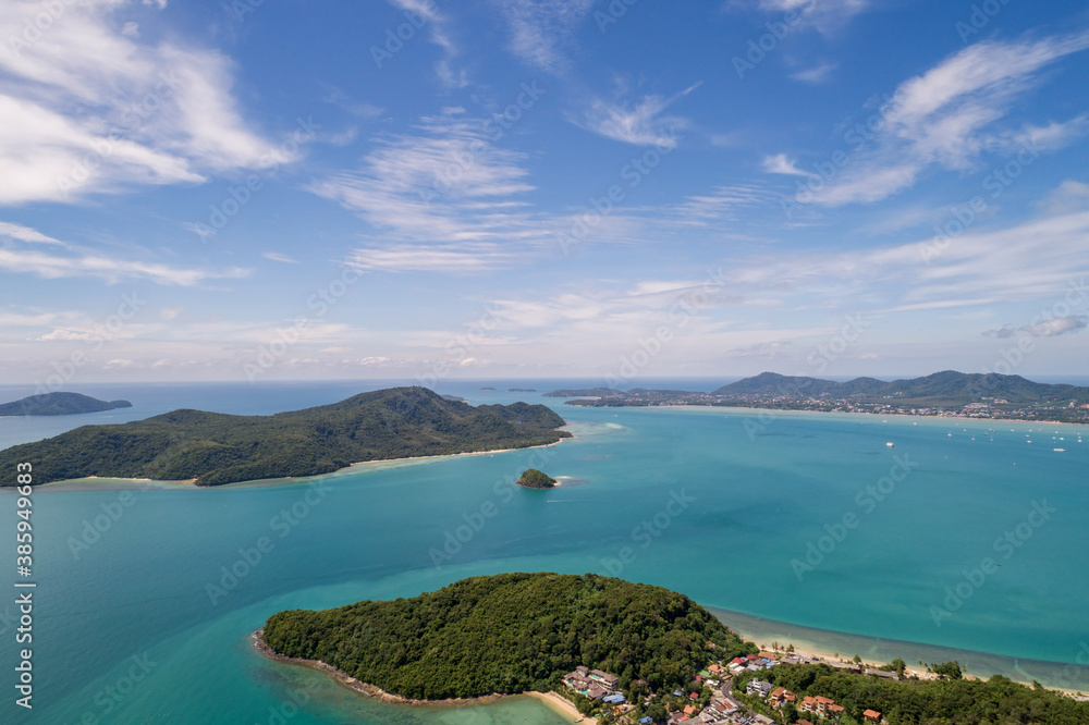 Aerial view drone shot of small island in tropical sea High angle view.