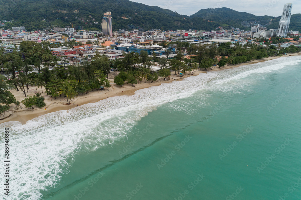 Aerial view Drone camera of Tropical sandy beach at Patong beach Phuket Thailand.