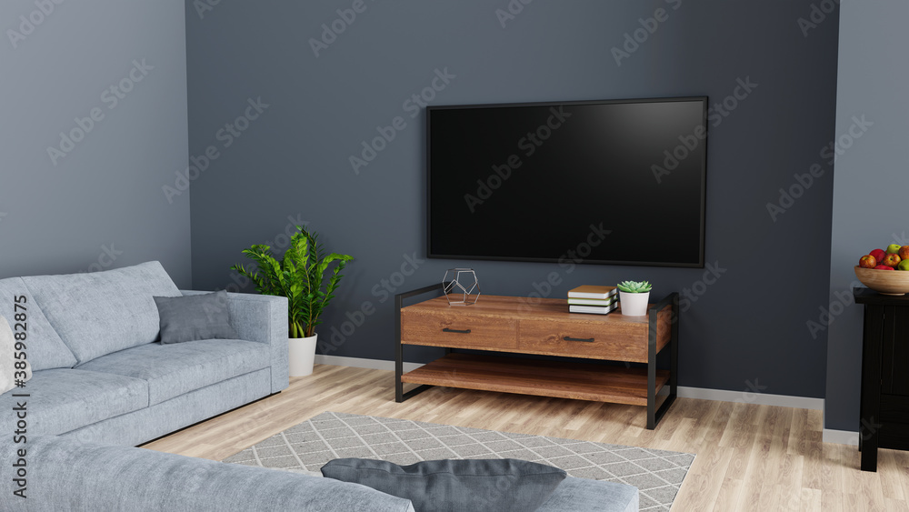 Smart TV mockup on the cabinet in modern living room, 3D rendering