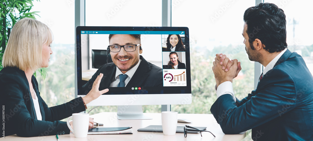 Video call group business people meeting on virtual workplace or remote office. Telework conference 