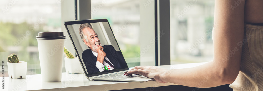 Video call business people meeting on virtual workplace or remote office. Telework conference call u