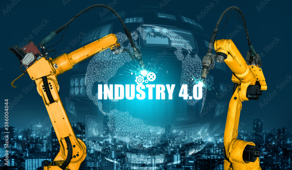 Smart industry robot arms for digital factory production technology showing automation manufacturing